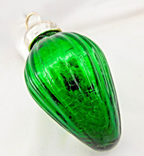 Kugel Style Green Teardrop Ornament Ribbed Heavy Mercury Glass Silver Cap q-13 