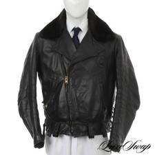 Vintage Golden Bear USA Black Heavy Leather Shearling Clr Motorcycle Coat 46 L