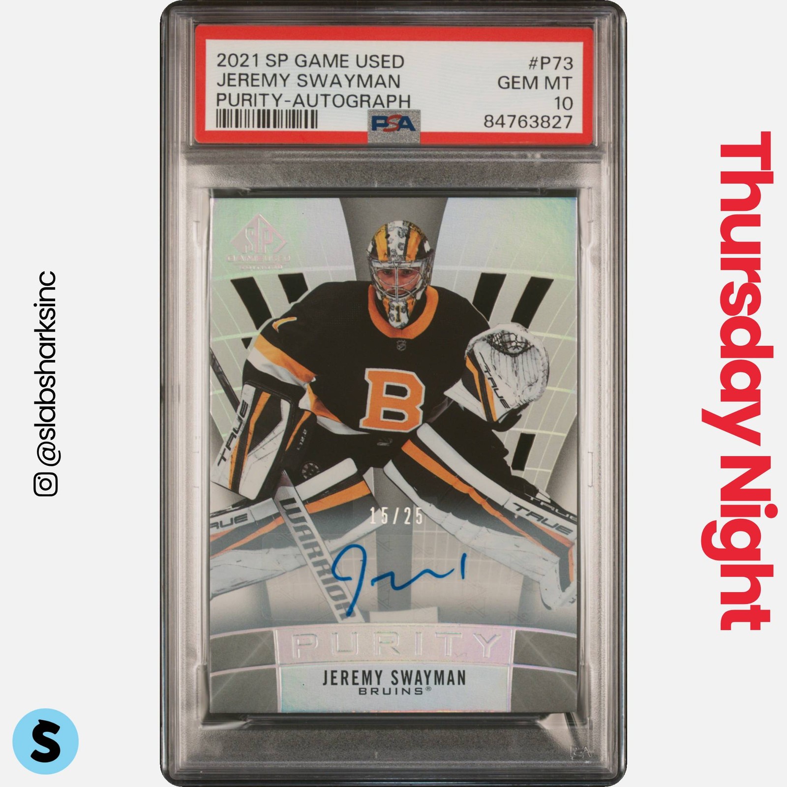 2021 SP GAME USED #P-73 JEREMY SWAYMAN PURITY ROOKIE AUTO RC /25 PSA 10 view 1