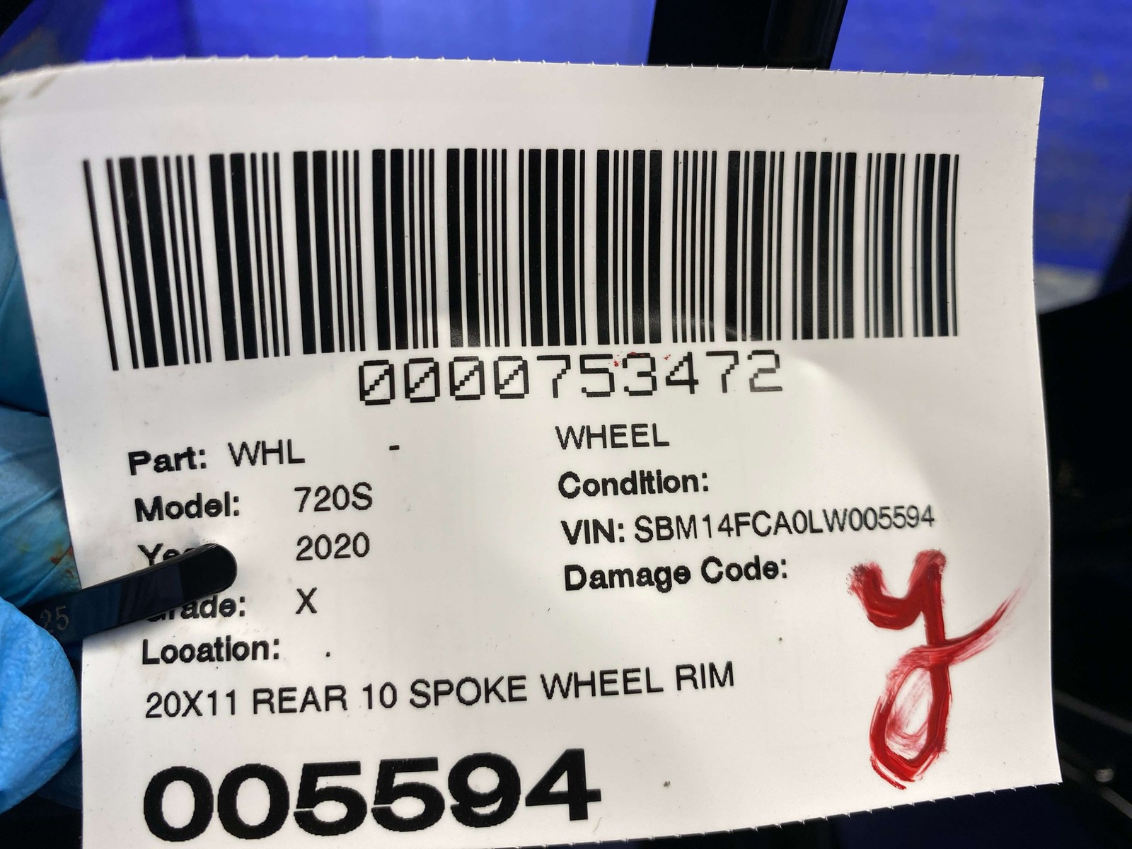 2018-2023 MCLAREN 720S 20X11 REAR 10 SPOKE WHEEL RIM BLACK ALLOY *SMALL BEND*