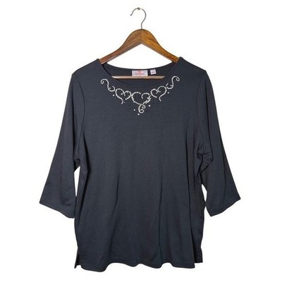 QUACKER FACTORY Large Black Silver Heart Studded 3/4 Sleeve Knit Top QVC