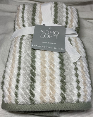 SPHO LOFT HAND TOWELS (2) GREEN WHITE STRIPES 16 X 26  100% COTTON NWT