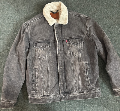Levis Premium Trucker Denim Jacket Mens L Black Sherpa Lined