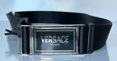Versace Milano Buckle Ribbon/Leather Black Adjustable Belt 1016469 NWT $450