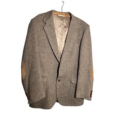 Vintage USA Wool Lambswool Herringbone Tweed Blazer 42L Elbow Patches Brown