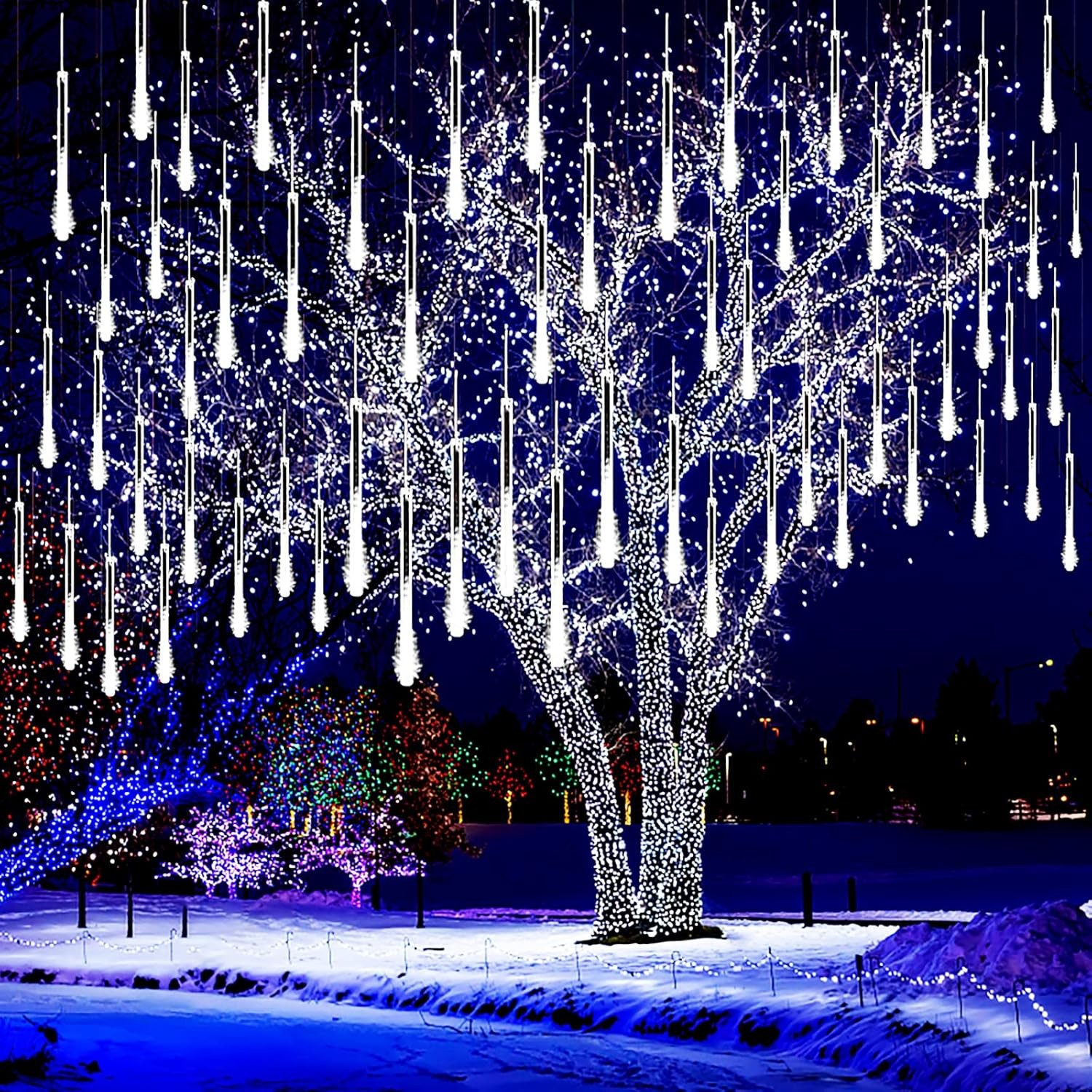 Christmas Lights Outdoor 8 Tubes Meteor Shower Lights Snow Falling Icicle Cascad