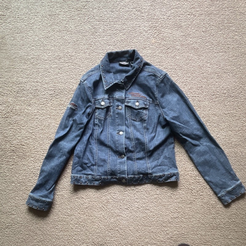 Harley-Davidson Blue Denim Jacket XL Embroidered Logo Studded Collar