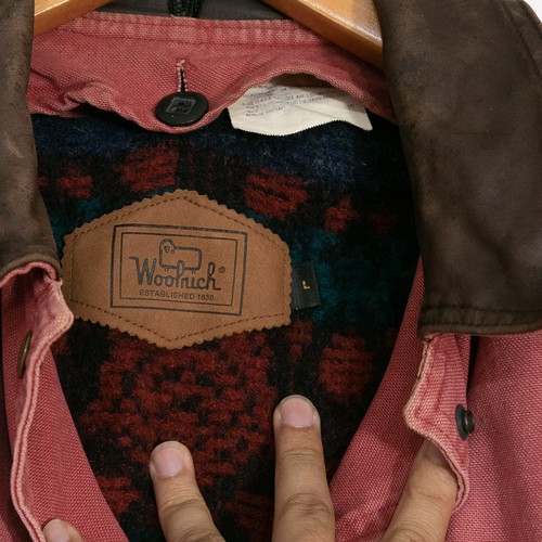 Vintage 90s Woolrich Chore Coat Mens Large Clay Color Barn Lined Leather Collar - Picture 3 of 5