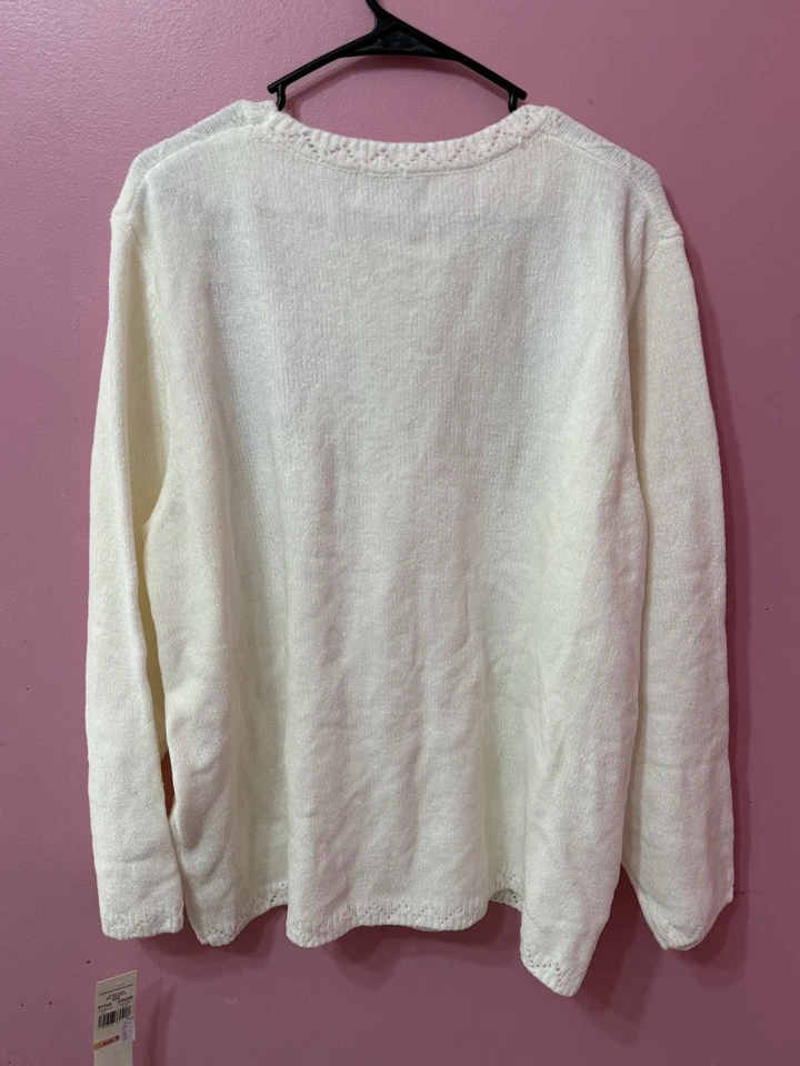 Suéter Pullover Alfred Dunner Plus 2X Pastel Floral Crema Chenilla Bordado Foto 4 de 4