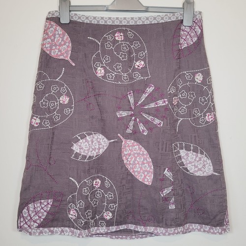 White Stuff Skirt A-Line Embroidered Leaf Applique Size 12 Cotton Linen Blend