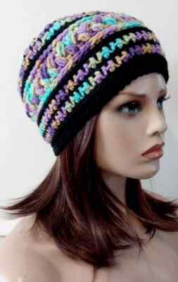 handmade crochet womans hat beanie tan purple blue puffs