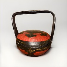 Old Chinese Peranakan Wedding Basket Hand Painted Black Lacquer Red Bamboo