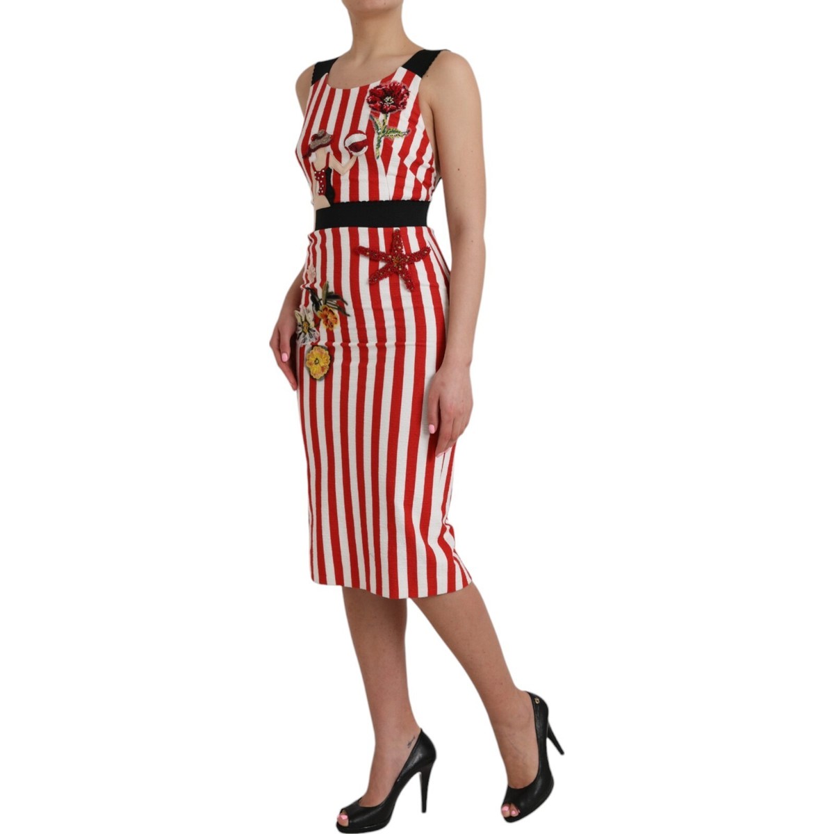 DOLCE & GABBANA Dress Red White Floral Sleeveless Sheath Midi IT36