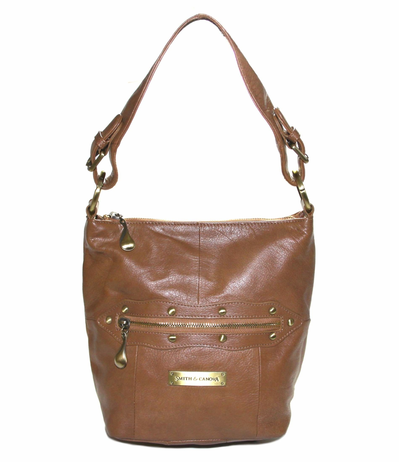 Smith and Canova Womens Tan Brown Studded Leather Shoulder Bag Handbag