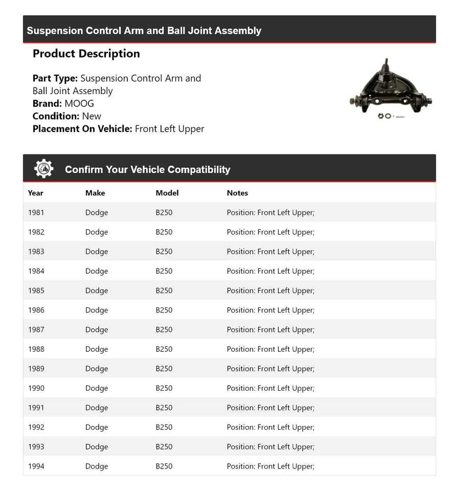 Conjunto de rótula de brazo de control delantero izquierdo superior MOOG para Dodge B250 1981-1994 Foto 2 de 4