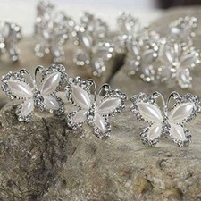 Package of 12 Silver Pearl and Crystal Butterfly Gem Hair Pins