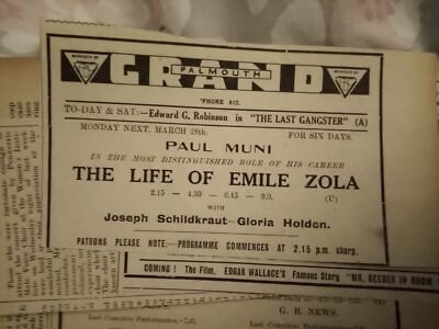 Kvc44 Ephemera 1938 Werbung Falmouth Grand Das Leben der Emila Zola Paul Muni 