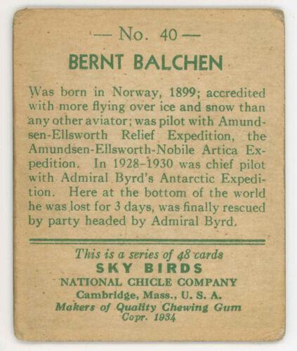 Himmelsvögel Karte R136 National Chicle R136 1934 Nr 40 Bernt Balchen Norwegen schön - Bild 2 von 2