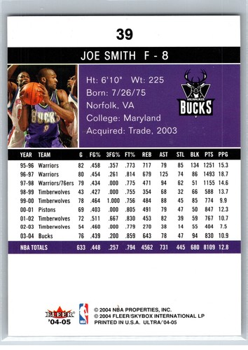 Joe Smith Milwaukee Bucks 2004-05 NBA Fleer Ultra #39 - Picture 2 of 2