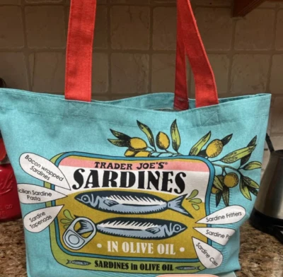 Trader Joe's Market Tote Bag Blue Shopping Sardines Reusable Retro RETIRED NEW
