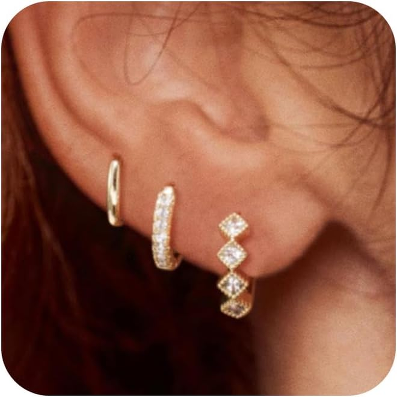 14K Real Gold Hoop Earrings Gold Plated Earring Set Zirconia Earring Chunky Smal