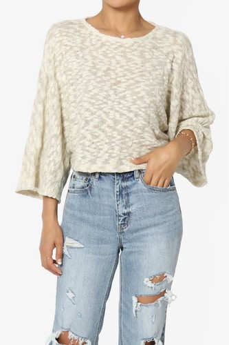 TheMogan Crew Neck 3/4 Bell Seeve Marled Knit Boxy Crop Top Pullover Sweater - Picture 39 of 44