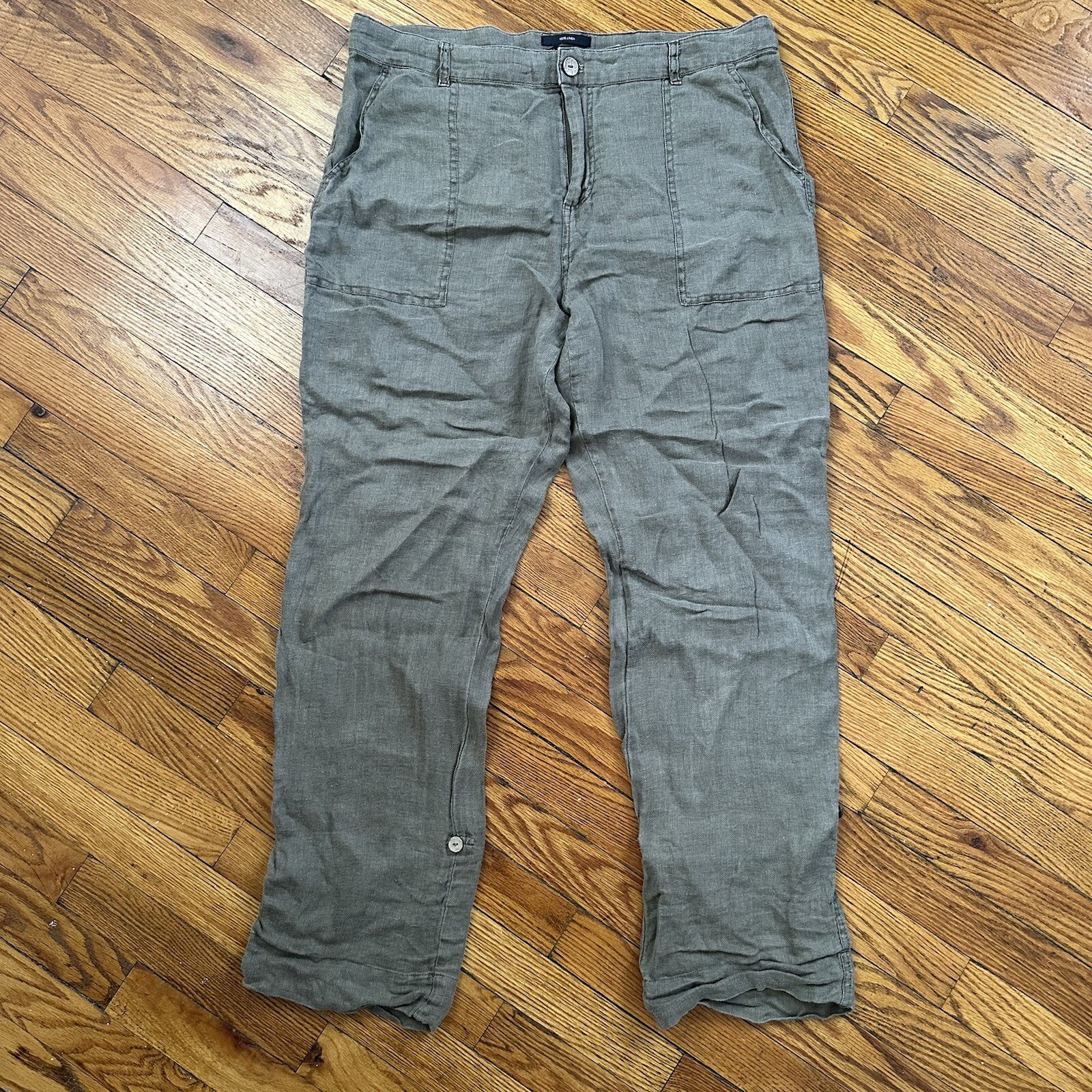 Nicole Miller Womens Pants Size 14 Green 100% Linen Casual Roll Up Leg