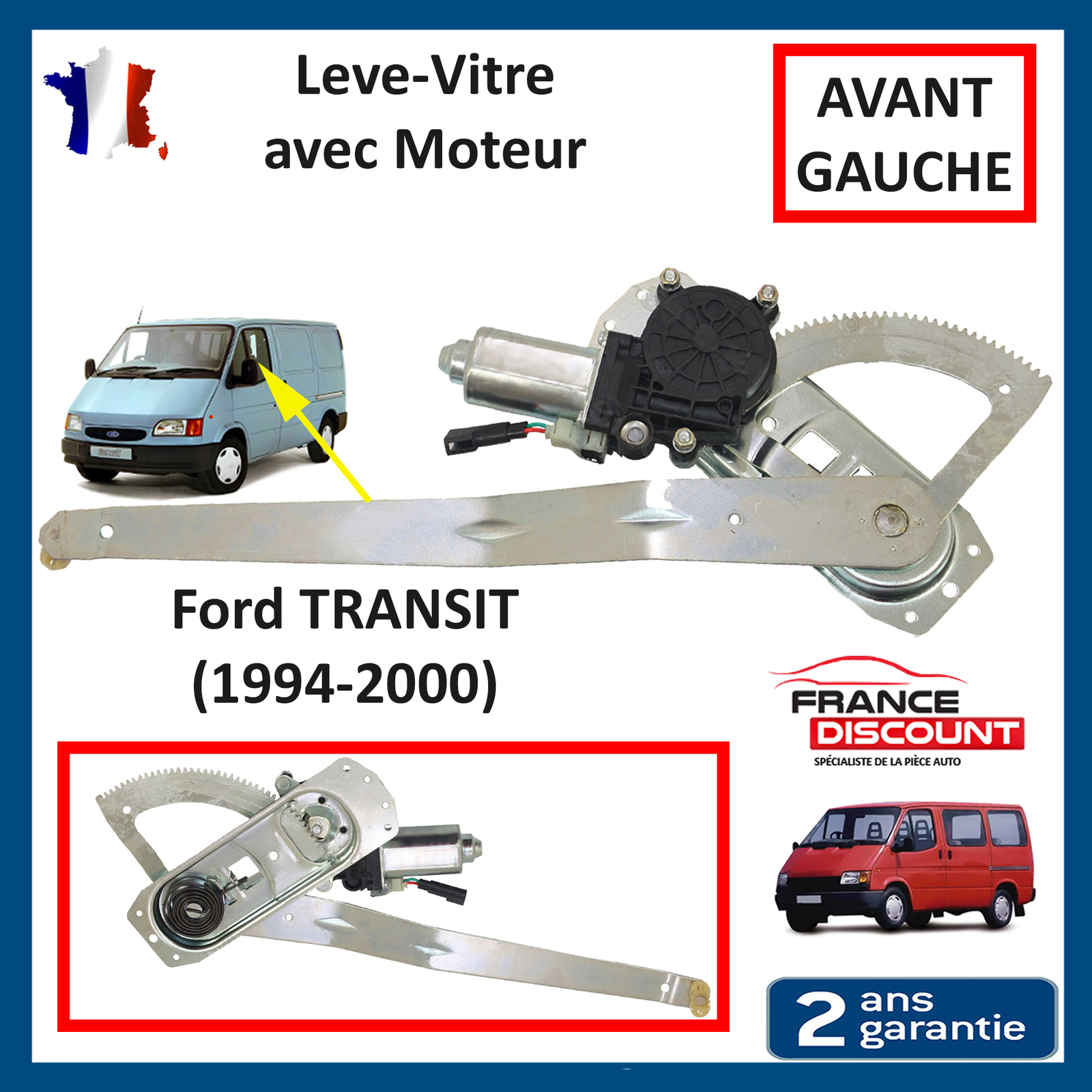 Mécanisme lève-vitre avant gauche Ford Transit à rails fluides et poulies renforcées