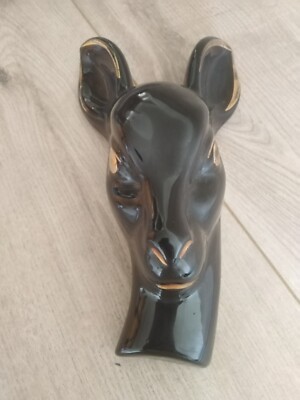 Vintage schwarze Posy Vase Wandbehang Hirschkopf 22k Goldakzente