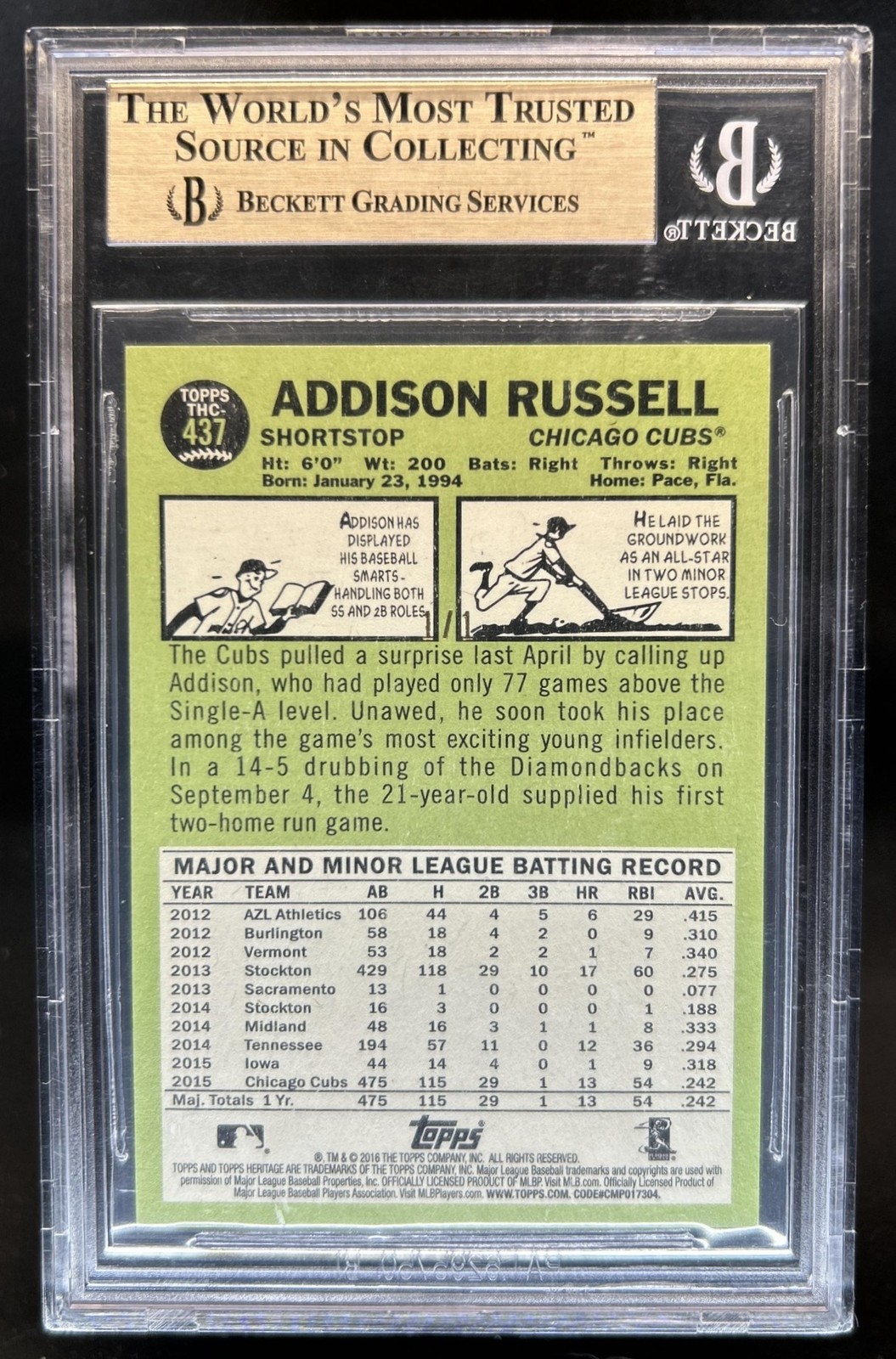 2016 Topps Heritage Addison Russell Chrome Superfractor #1/1 Cubs BGS 9.5 view 2