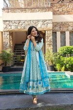 Women Plus Size Cotton Anarkali Block Print Ethnic Long Kurta With Pant Dupata