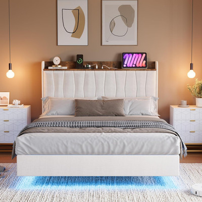 King Size Floating Bed Frame with LED Lights & Storage Headboard, Easy Assembly