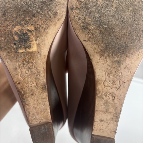 Tory Burch Wedge Heel Shoes 8.5 Benton Pink Leather Gold Medal Logo Peep Toe - Picture 23 of 24