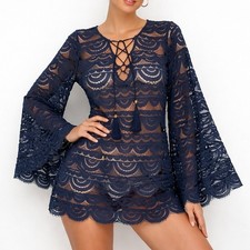 PilyQ Lace Tunic Women XS S Navy Blue Bell Sl...