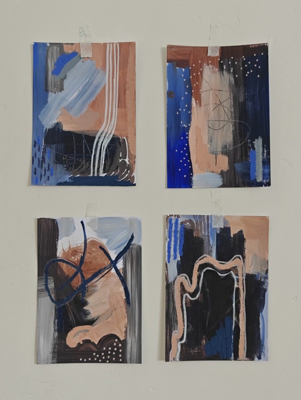 Original Abstract Acrylic Painting Set of 4 Blue Beige Black White on Paper