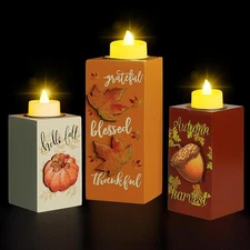 BlcTec Fall Decorations for Home 3 PCS Wood Candle Holders with LED Tea Lights &