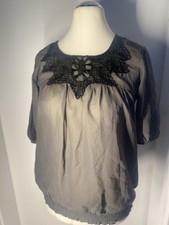 Retro Vintage Blouse Gray Black Tshirt Embroidered Stretchy M 38 Womens