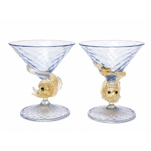 Set of Two (2) Murano Fish Stem Cocktail Glass, Attributed to Barovier & Toso