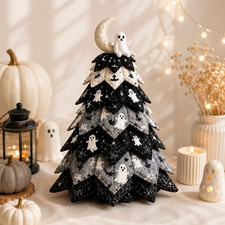 Ghost Halloween Tabletop Tree, Quilted Fabric Halloween Tree, Black White Spooky