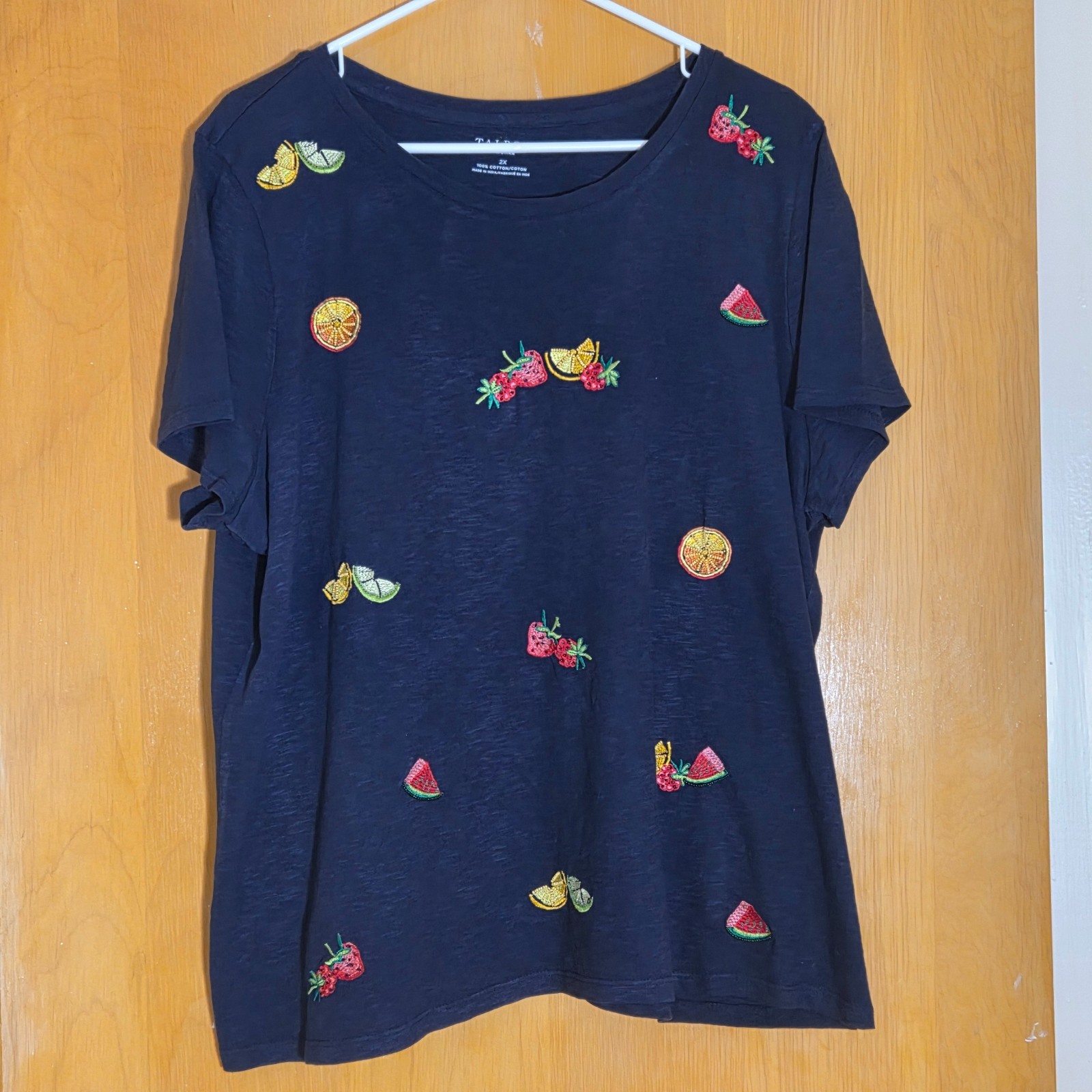Talbots Embroidered Beaded Cotton Top Womens 2X Fruits Navy Blue Short Sleeve