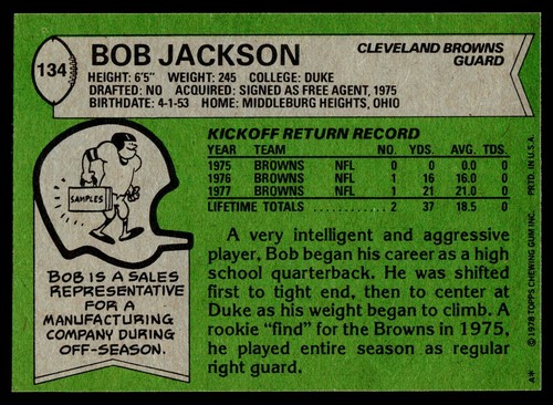 1978 Topps #134 Bob Jackson - POOR - Picture 2 of 2