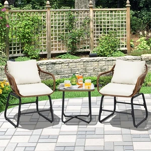 3PCS Outdoor Bistro Set Patio Conversation Furniture Set w/ White Cushions