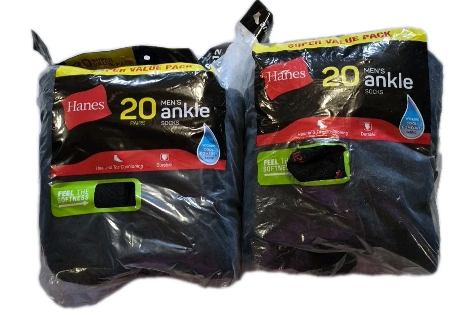 Bundle Of 2 Packs Hanes Ankle Socks Wicking Cool Comfort Black Mens 20 Pack NEW