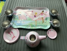 Children s Tin Tea Set Ballerina Ballet Tray Teapot Cups Plates Lot