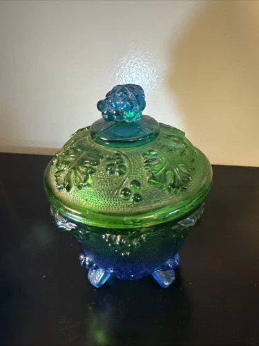 Vintage Carnival Glass Green Blue Glass Footed Bowl Candy Dish Grapes & Leaves