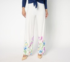 Susan Graver Graver Petite Printed Liquid Knit Wide Leg Pants Ivory/Orchid S New