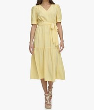 DKNY womens Chiffon Long Sleeve Faux Wrap Dress Yellow 10 Preppy Layered