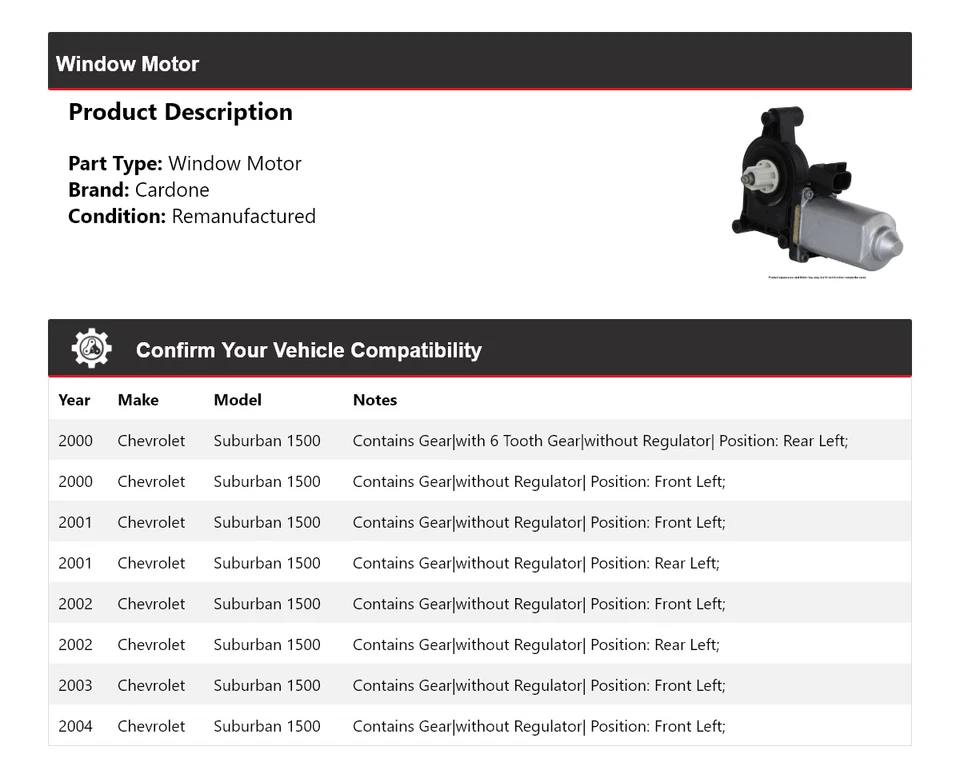 Chevrolet Suburban 1500 2000-2004 ventana motor cardone 2001 2002 2003 Foto 2 de 4