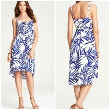 Ann Taylor LARGE Blue Tropical Leaf Belted Spaghetti Strap Dress $98.00 NWT(H)