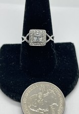 Vintage Sterling Silver Square Cut Clear Cubic Zirconia Halo Ring Size 9 1/4  